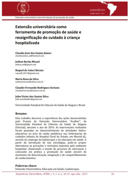 Extensão universitária como
ferramenta de promoção de saúde e
ressignificação do cuidado à criança
hospitalizada