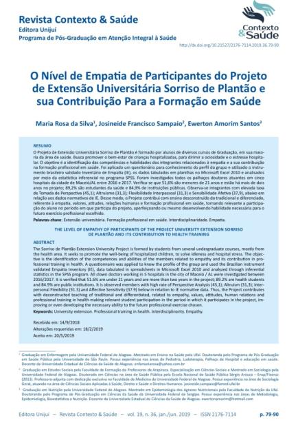 O Nível de Empatia de Participantes do Projeto de Extensão Universitária Sorriso de Plantão e sua Contribuição Para a Formação em Saúde