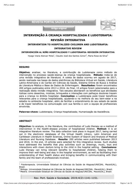 Intervenção à criança hospitalizada e ludoterapia: revisão integrativa