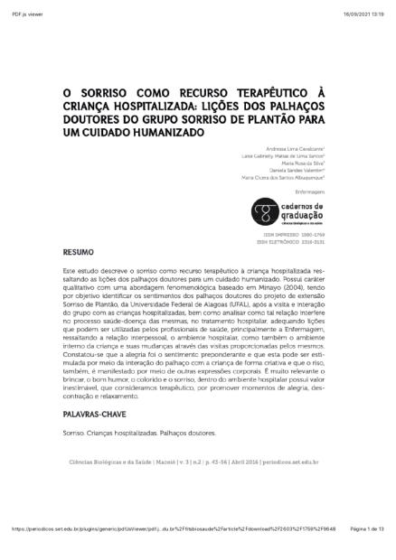 O sorriso como recurso terapêutico à criança hospitalizada: lições dos palhaços doutores do grupo Sorriso de Plantão para um cuidado humanizado